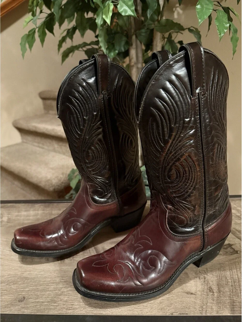 Laredo Men’s Cowboy Boots Mahogany Leather Vamp Size 7.5 D